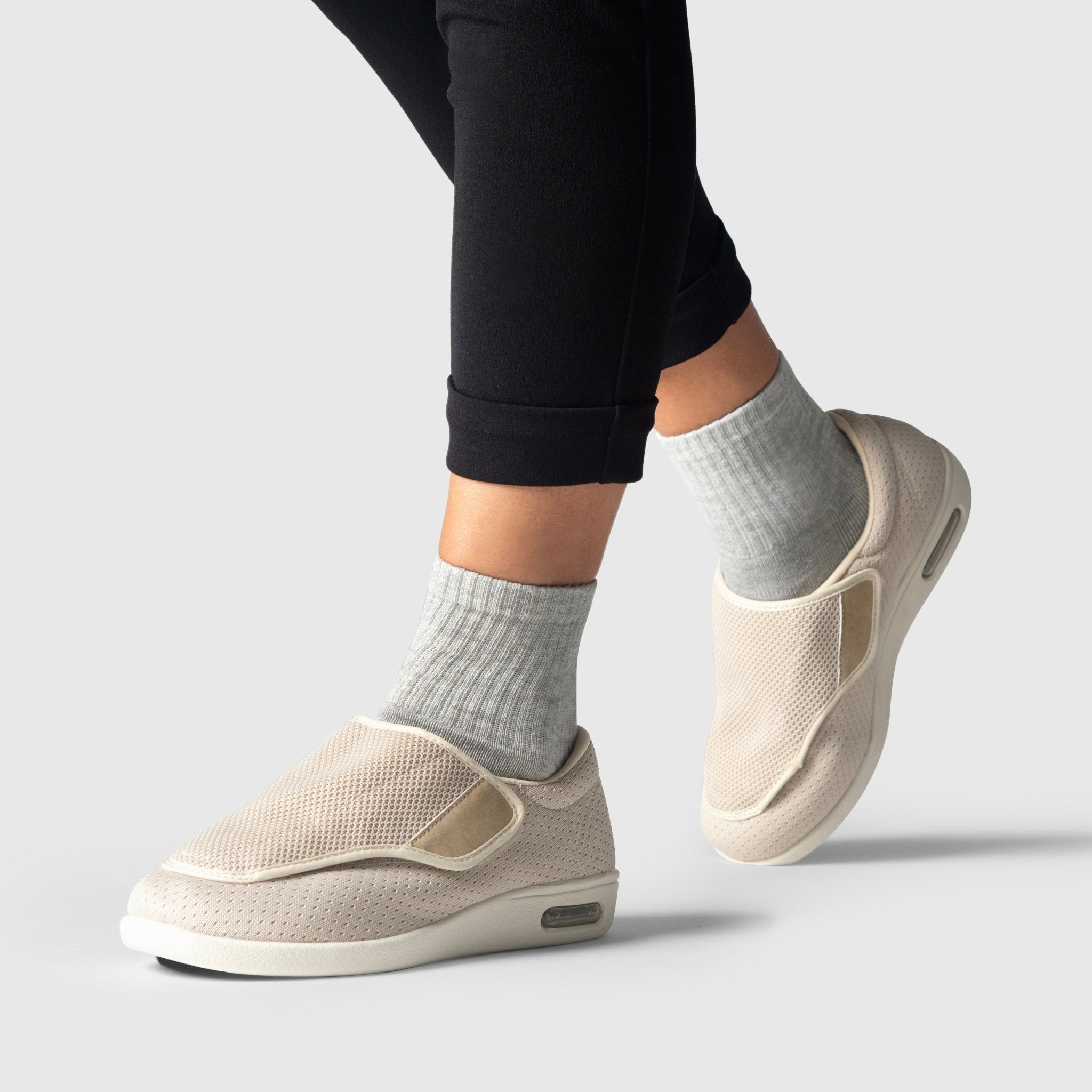 Chloe Stretch No-Tie Wide Shoes w/ Adjustable Closure - Beige