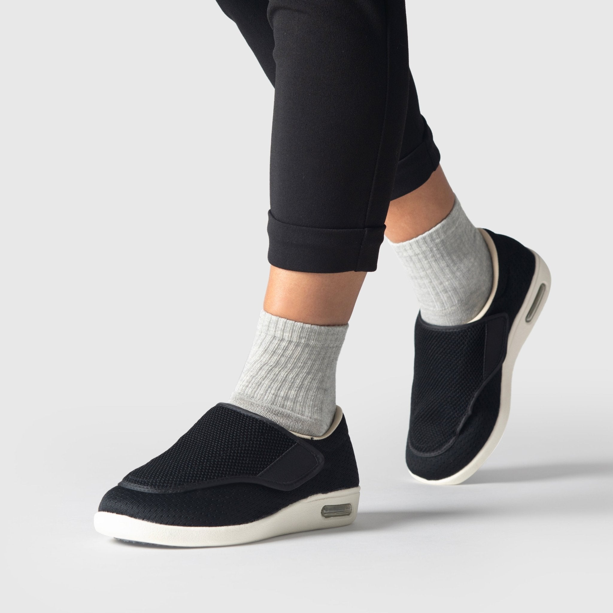 Chloe Stretch No-Tie Wide Shoes w/ Adjustable Closure - Black