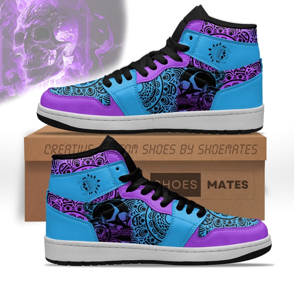 Ideafootwear Colorful Mandala And Skull AJ1 High Sneakers Shoes For Men And Women