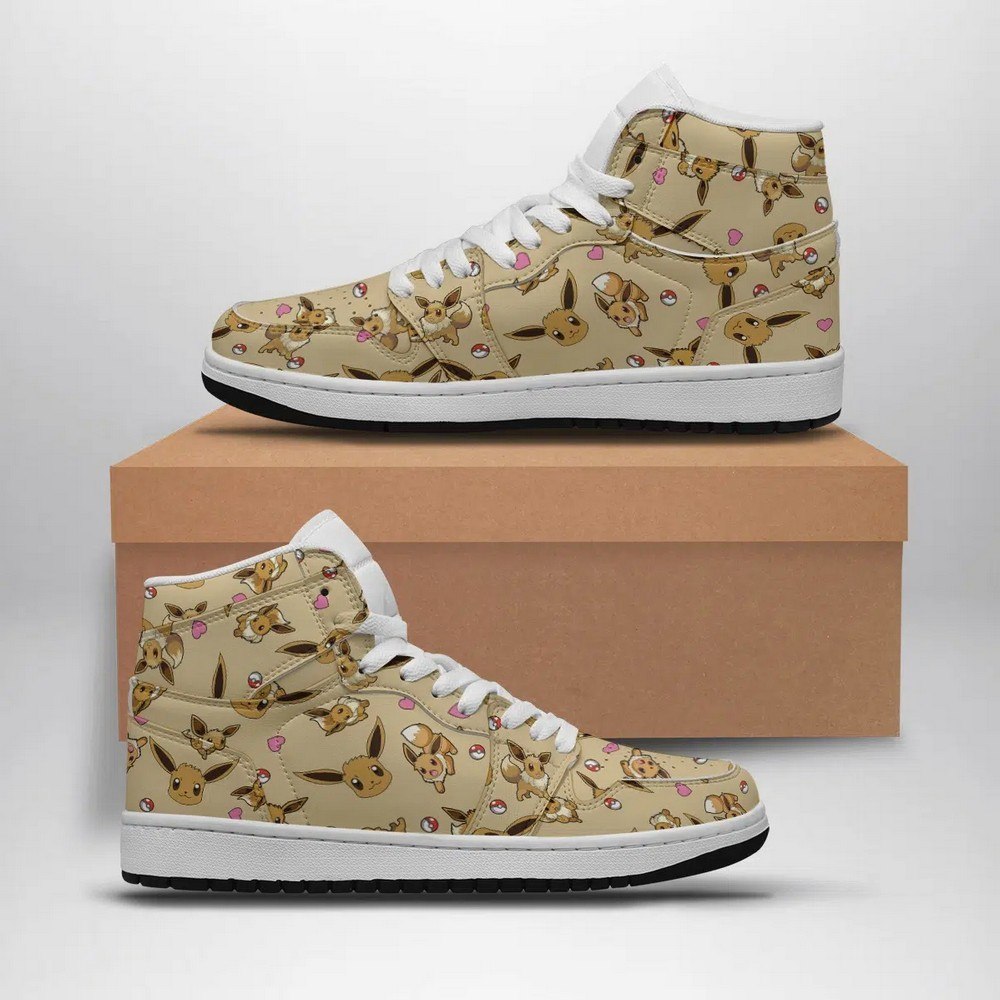 Ideafootwear Eevee Pattern Pokemon AJ1 High Sneakers Shoes For Men And Women