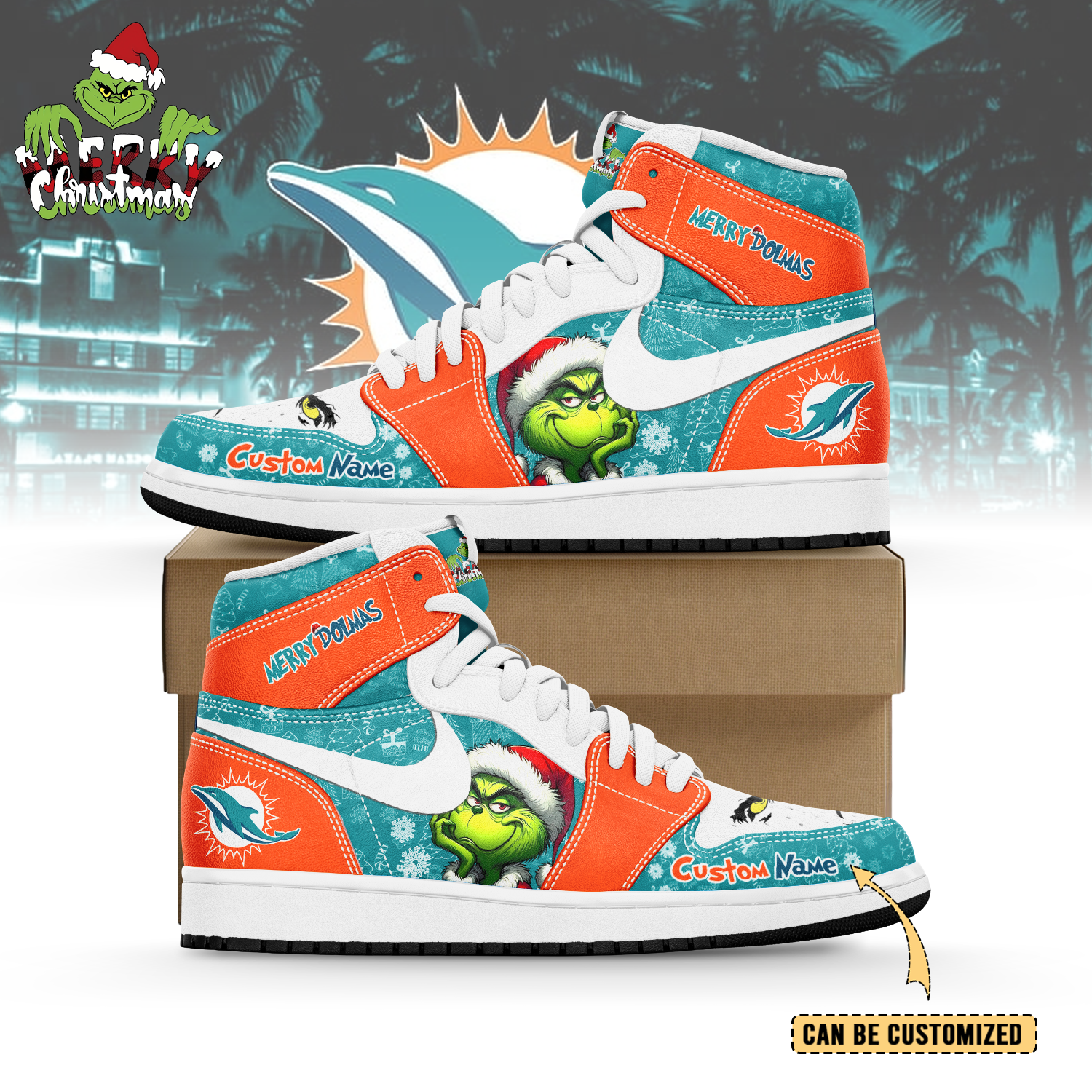 Ideafootwear Miami Dolphins x The Grinch x Christmas AJ1 High Sneakers Shoes For Men And Women