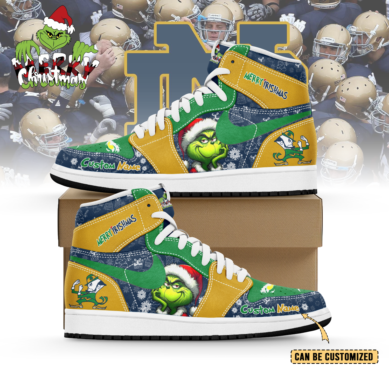 Ideafootwear Notre Dame Fighting Irish x The Grinch x Christmas AJ1 High Sneakers Shoes For Men And Women