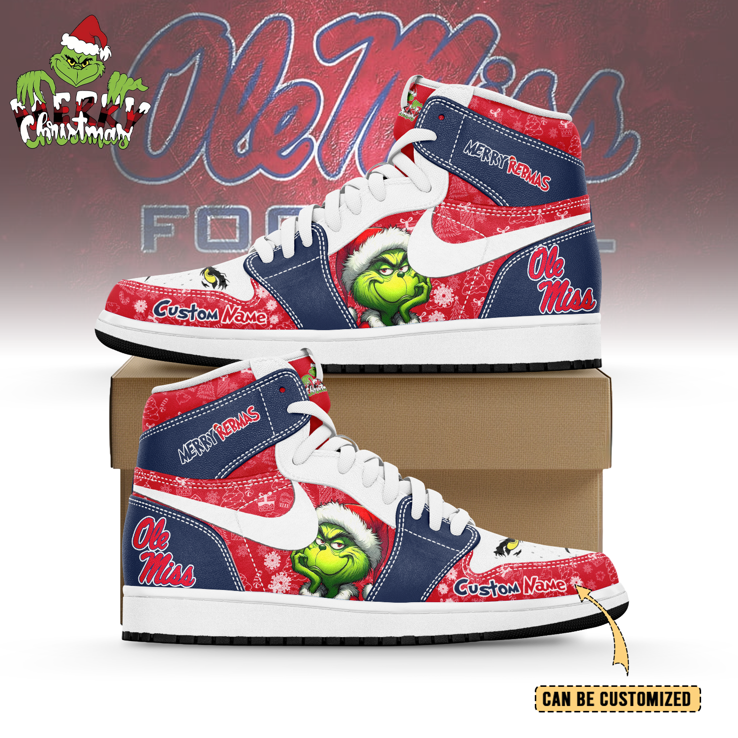 Ideafootwear Ole Miss Rebels x The Grinch x Christmas AJ1 High Sneakers Shoes For Men And Women