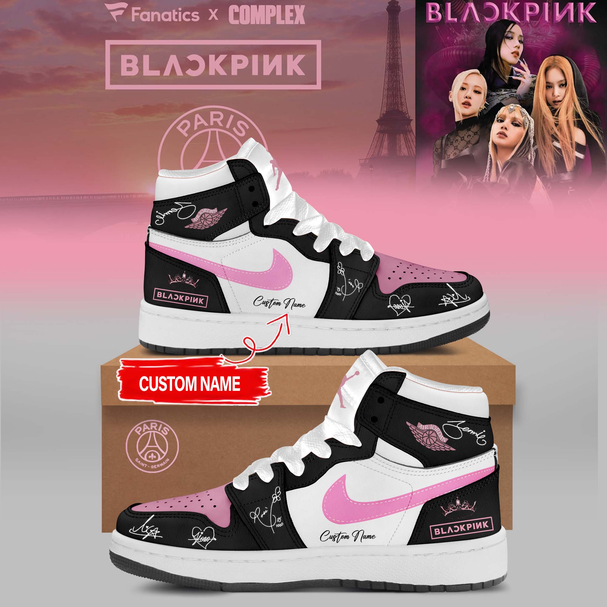 Ideafootwear PSG x BLACKPINK AJ1 High Sneakers Shoes For Men And Women