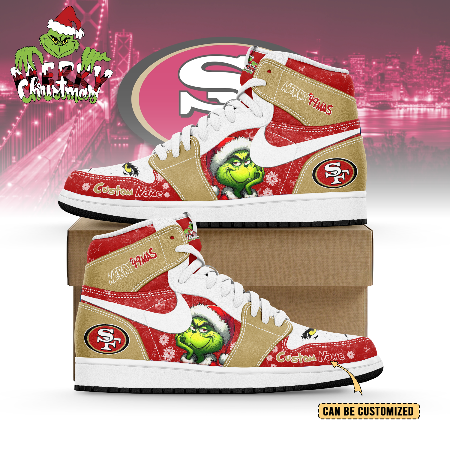 Ideafootwear San Francisco 49ers x The Grinch x Christmas AJ1 High Sneakers Shoes For Men And Women