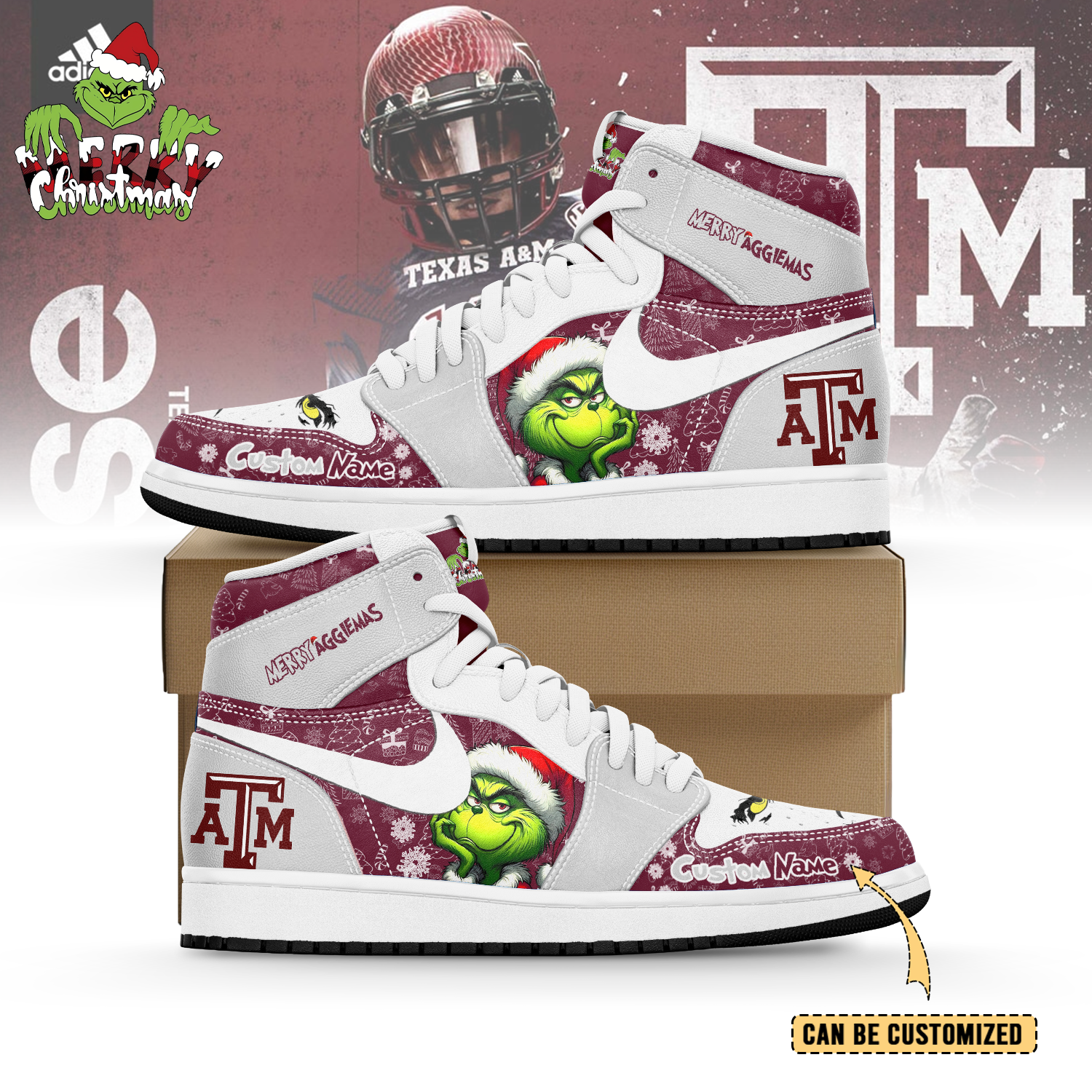 Ideafootwear Texas A&M Aggies x The Grinch x Christmas AJ1 High Sneakers Shoes For Men And Women
