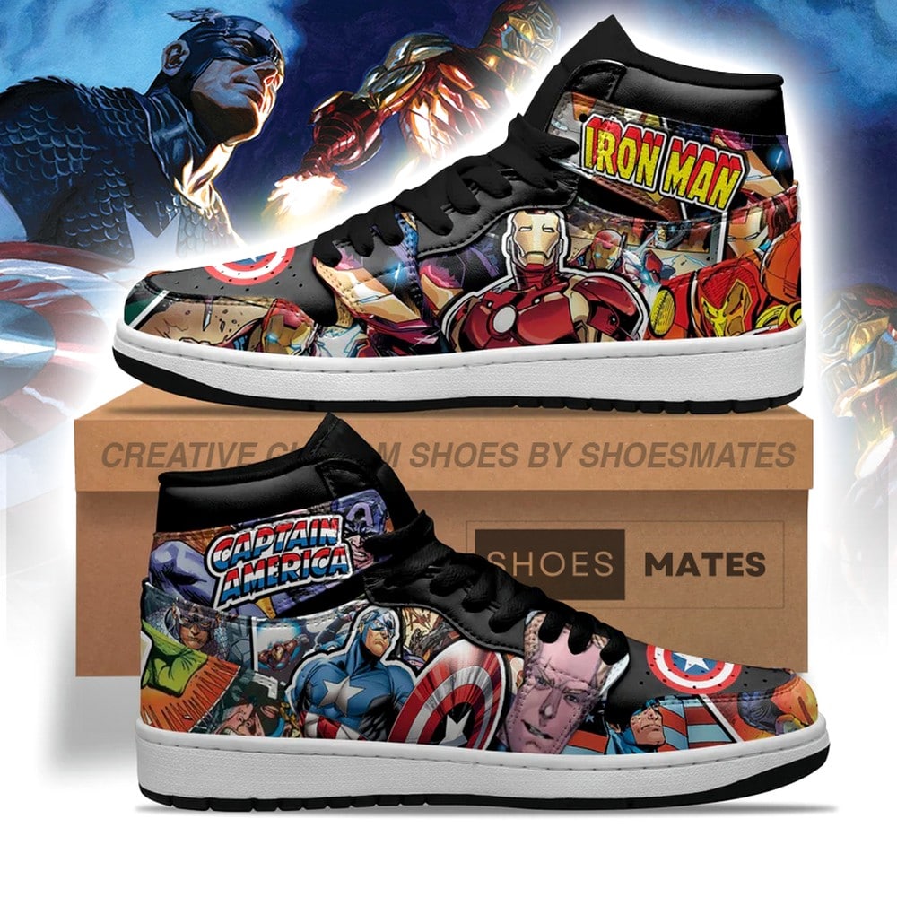 Ideafootwear The Avengers Ironman x Captain America AJ1 High Sneakers Shoes For Men And Women