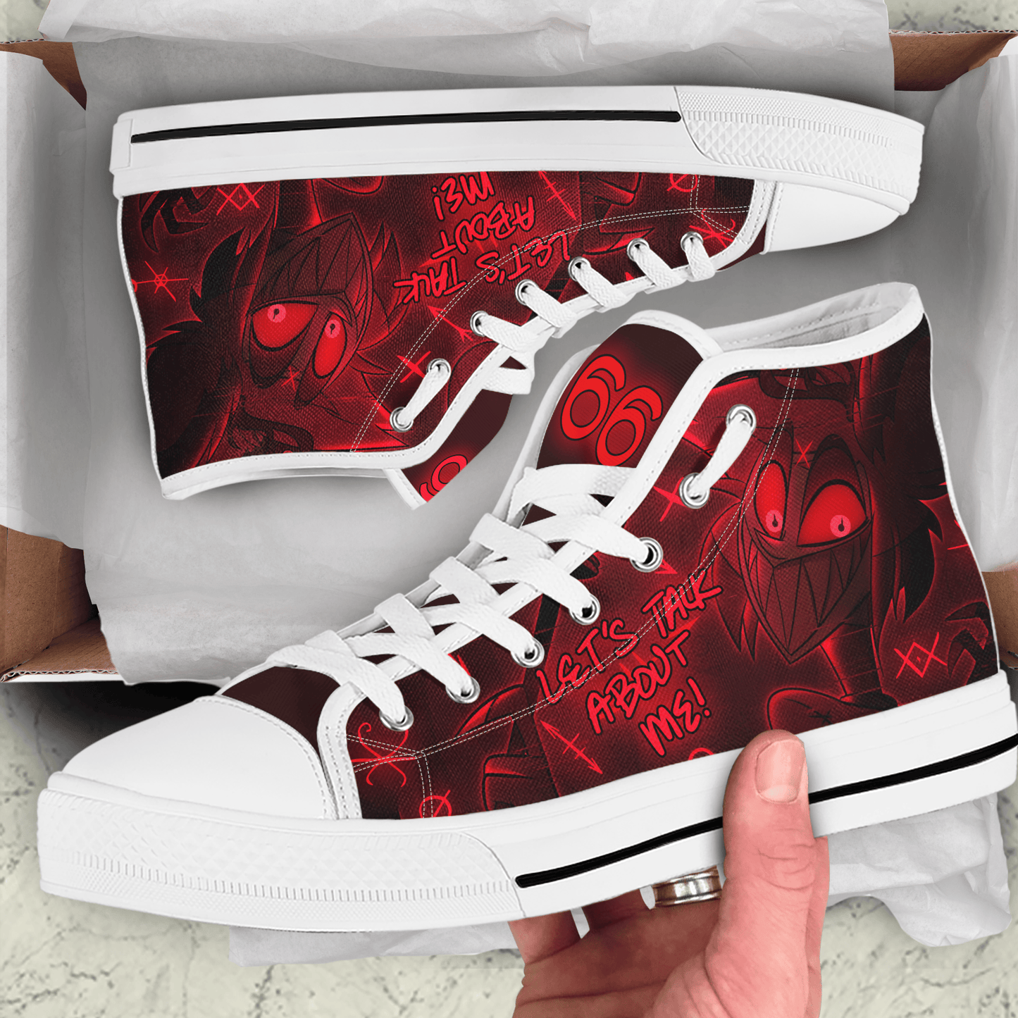Ideafootwear Hazbin Hotel Let’s Talk About Me High Top Canvas Sneakers Shoes For Men And Women