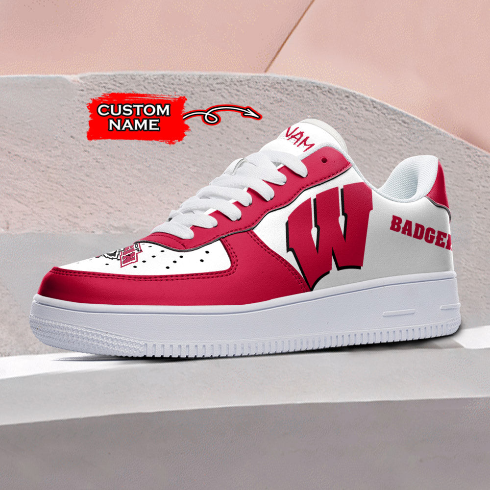 Ideafootwear Wisconsin Badgers NCAA Air Low-Top Sneakers Shoes For Men And Women