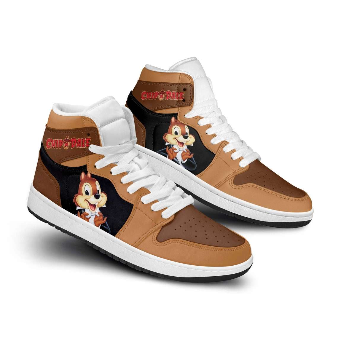 Ideafootwear Chip 'n' Dale Brown Black AJ1 High Sneakers Shoes For Men And Women 1