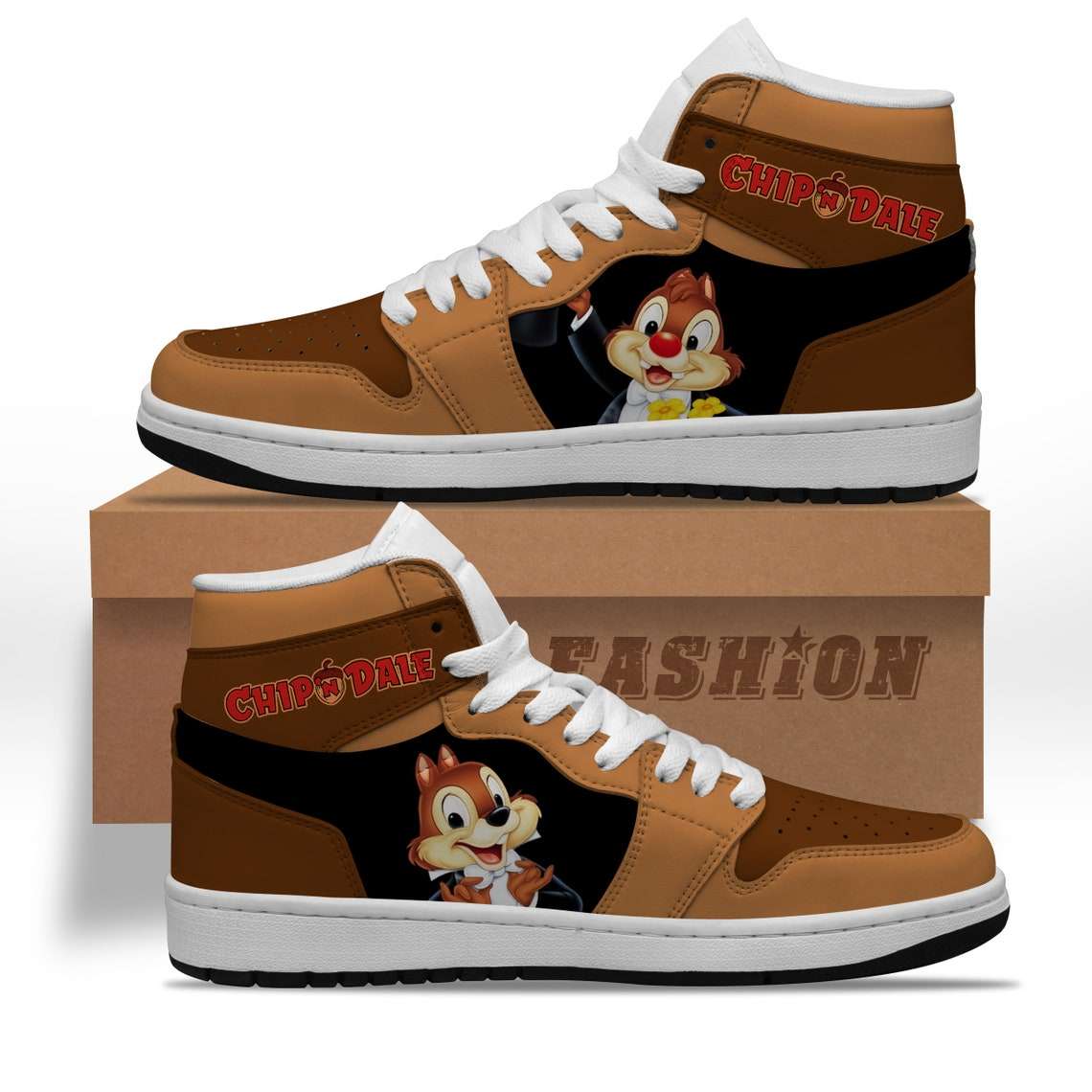 Ideafootwear Chip 'n' Dale Brown Black AJ1 High Sneakers Shoes For Men And Women 1