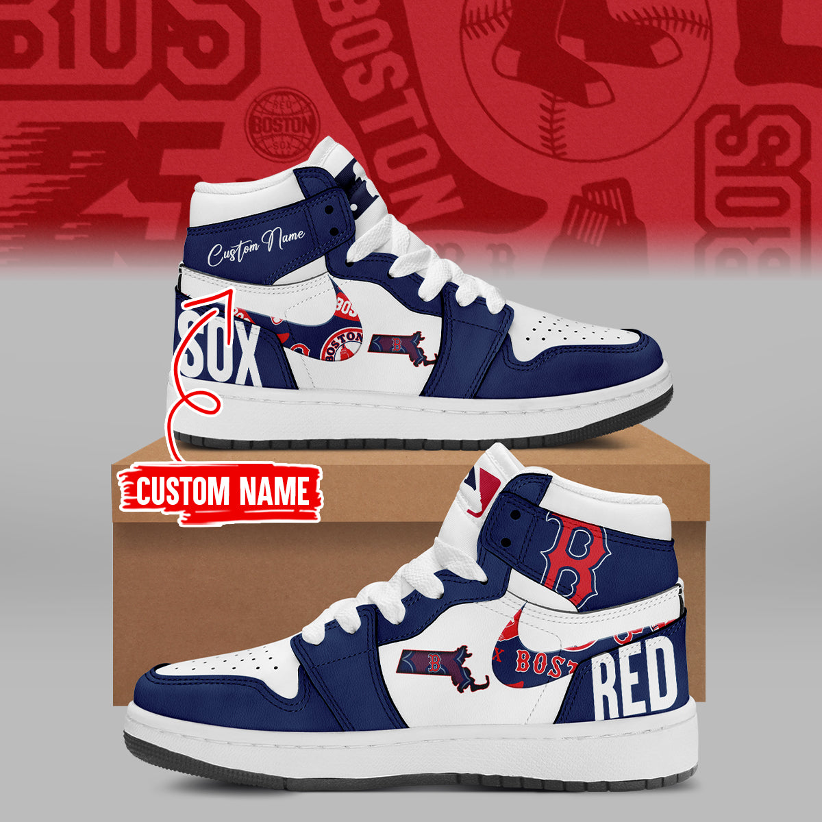 Ideafootwear Boston Red Sox AJ1 High Sneakers Shoes For Men And Women