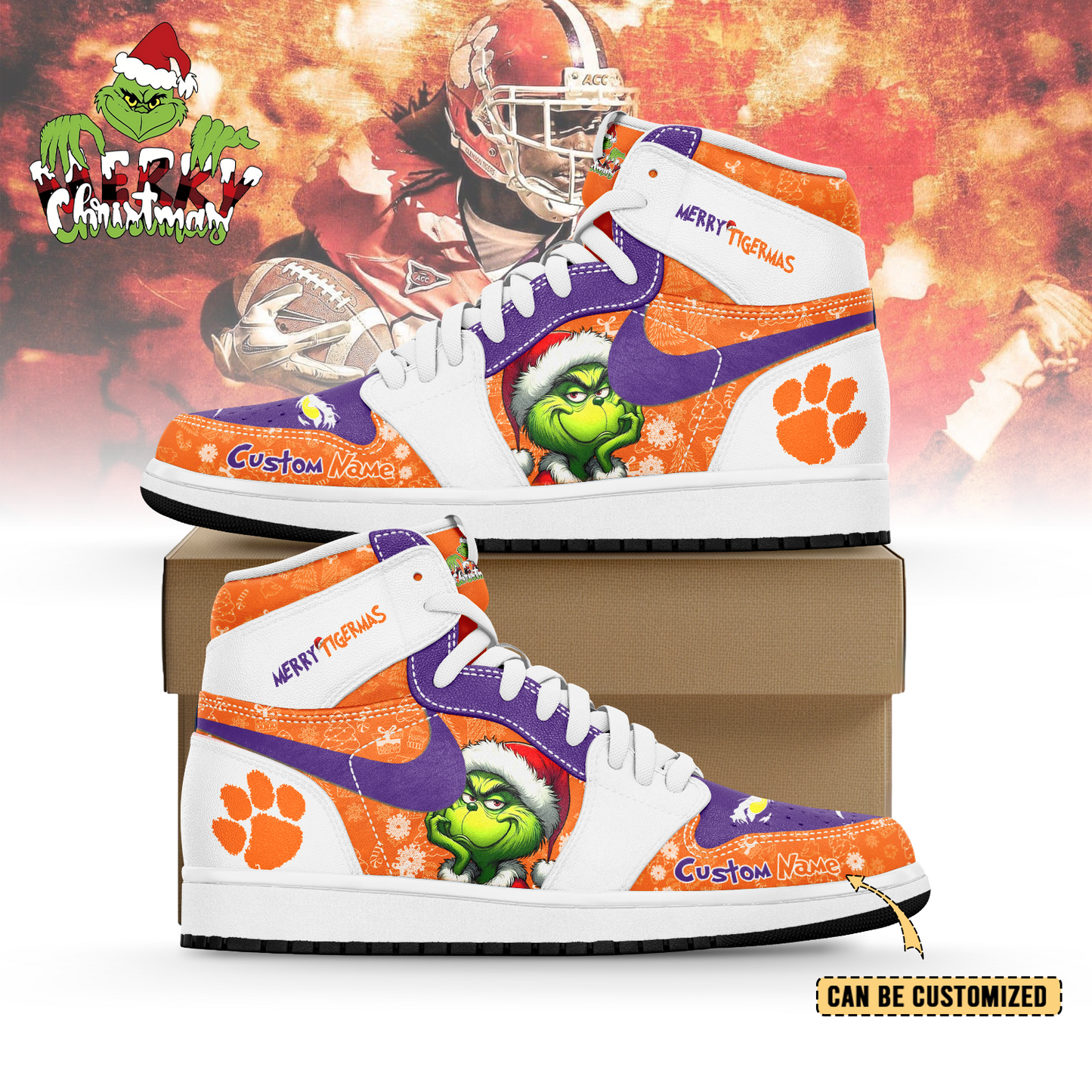 Ideafootwear Clemson Tigers x The Grinch x Christmas AJ1 High Sneakers Shoes For Men And Women