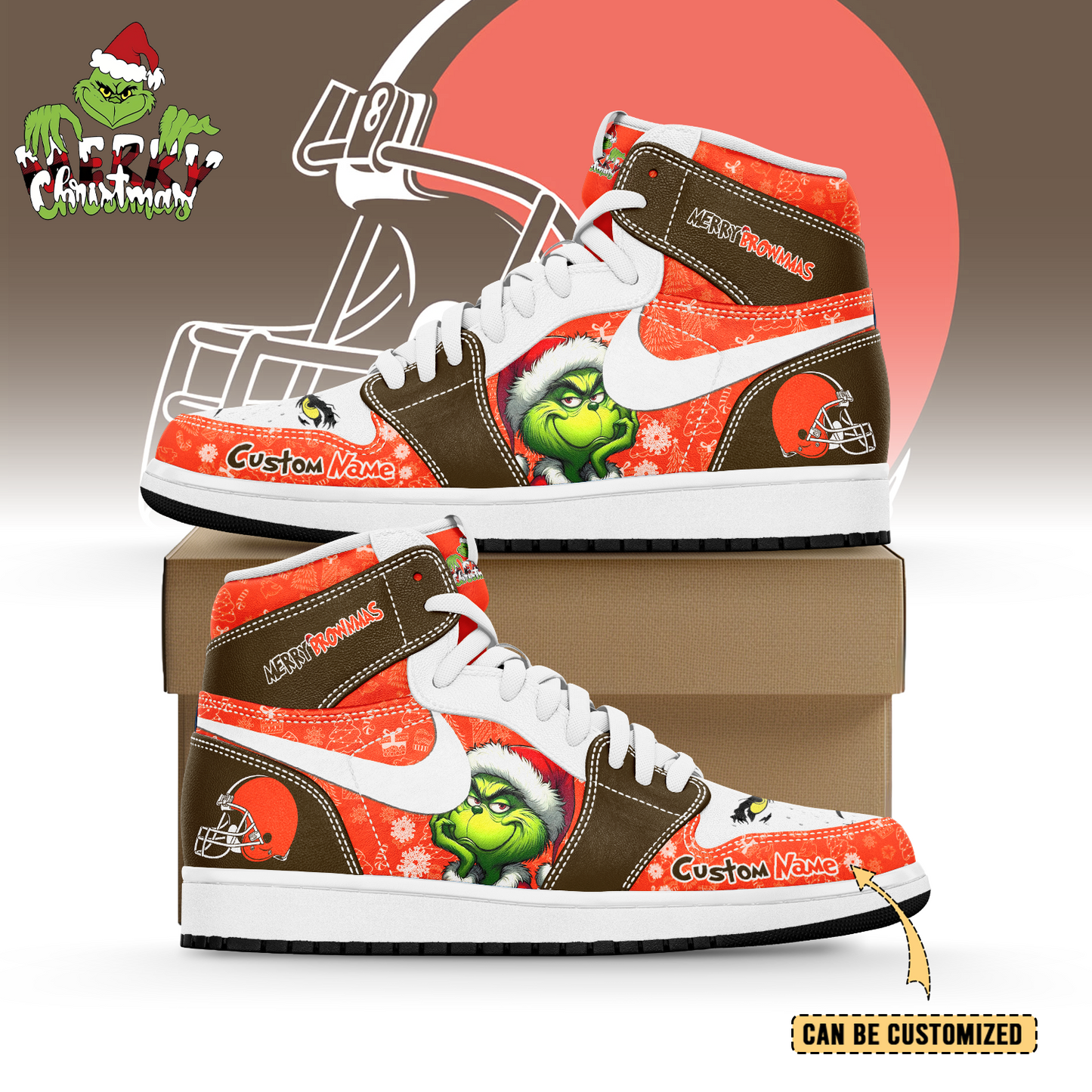 Ideafootwear Cleveland Browns x The Grinch x Christmas AJ1 High Sneakers Shoes For Men And Women