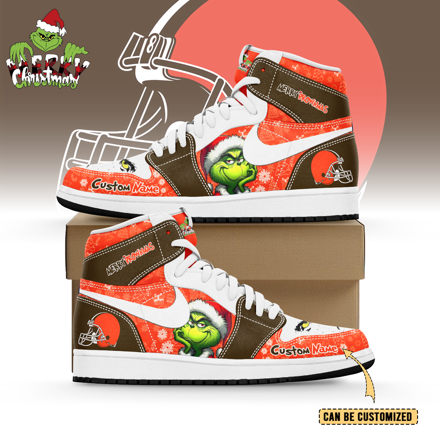 Ideafootwear Cleveland Browns x The Grinch x Christmas AJ1 High Sneakers Shoes For Men And Women