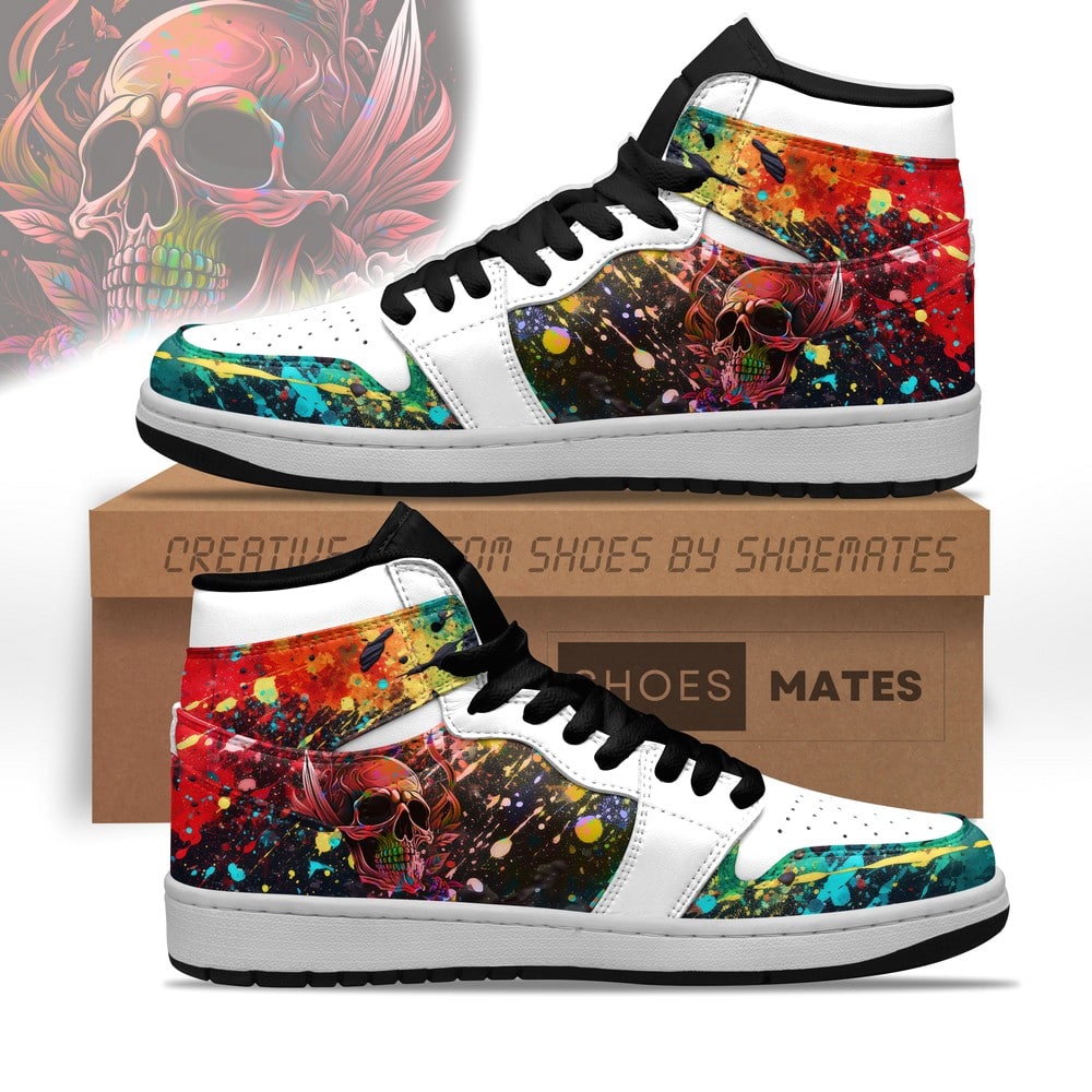 Ideafootwear Colorful Skull AJ1 High Sneakers Shoes For Men And Women