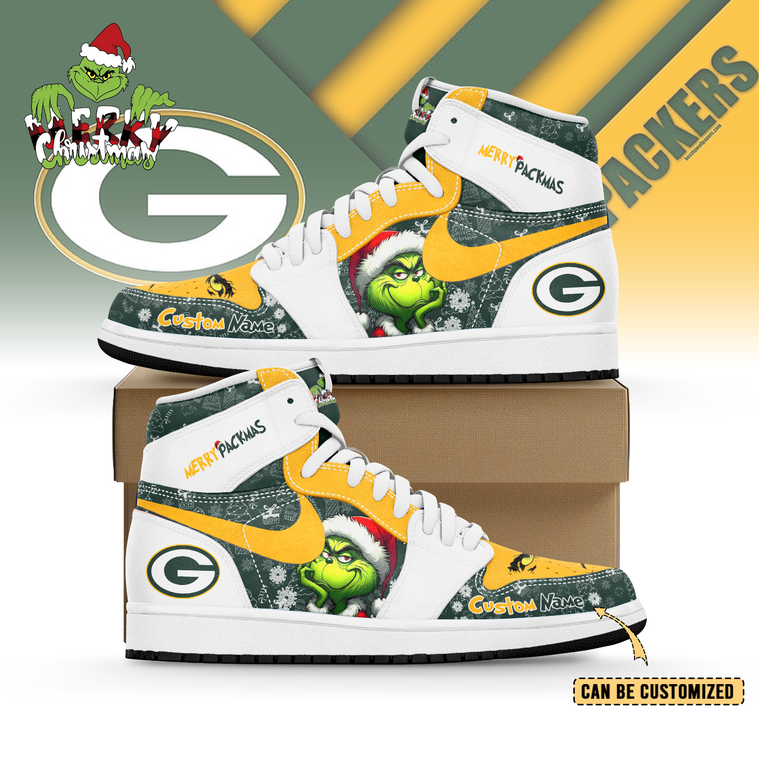 Ideafootwear Green Bay Packers x The Grinch x Christmas AJ1 High Sneakers Shoes For Men And Women
