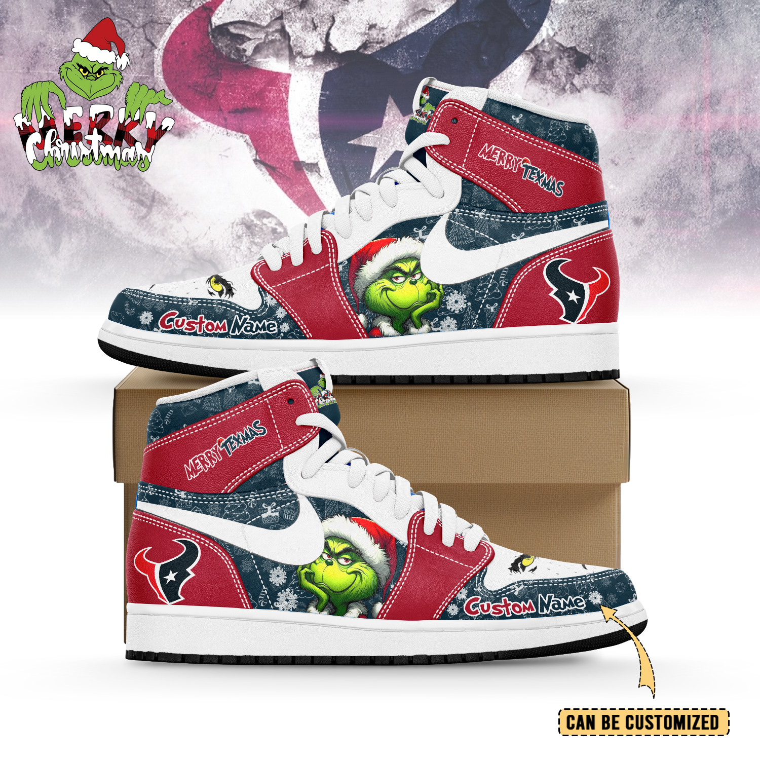Ideafootwear Houston Texans x The Grinch x Christmas AJ1 High Sneakers Shoes For Men And Women