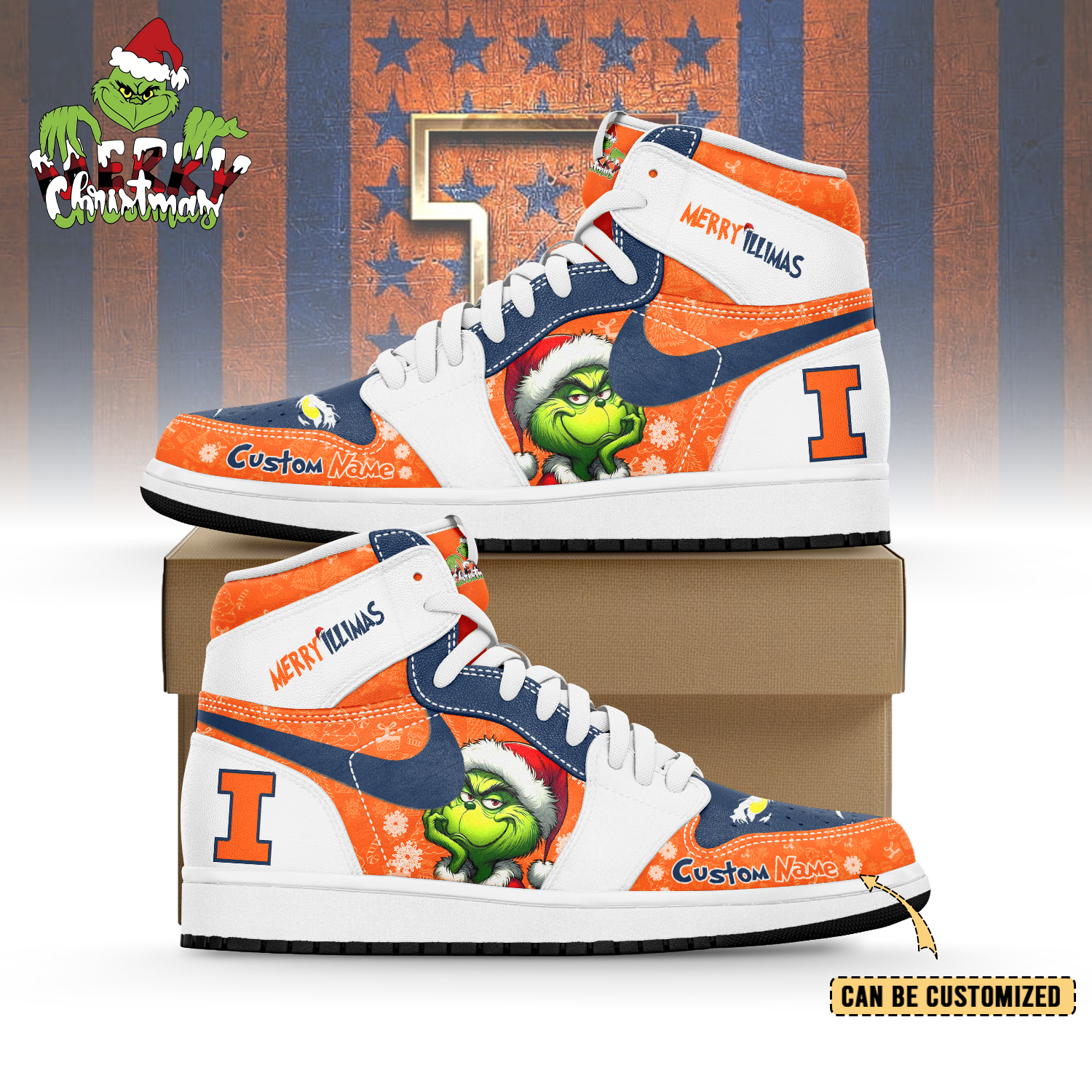 Ideafootwear Illinois Fighting Illini x The Grinch x Christmas  AJ1 High Sneakers Shoes For Men And Women