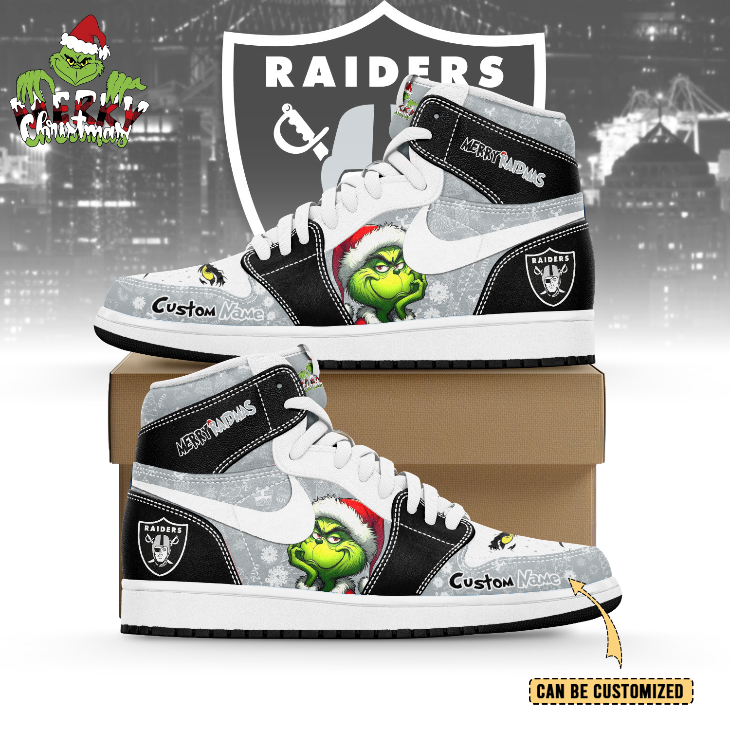 Ideafootwear Las Vegas Raiders x The Grinch x Christmas AJ1 High Sneakers Shoes For Men And Women