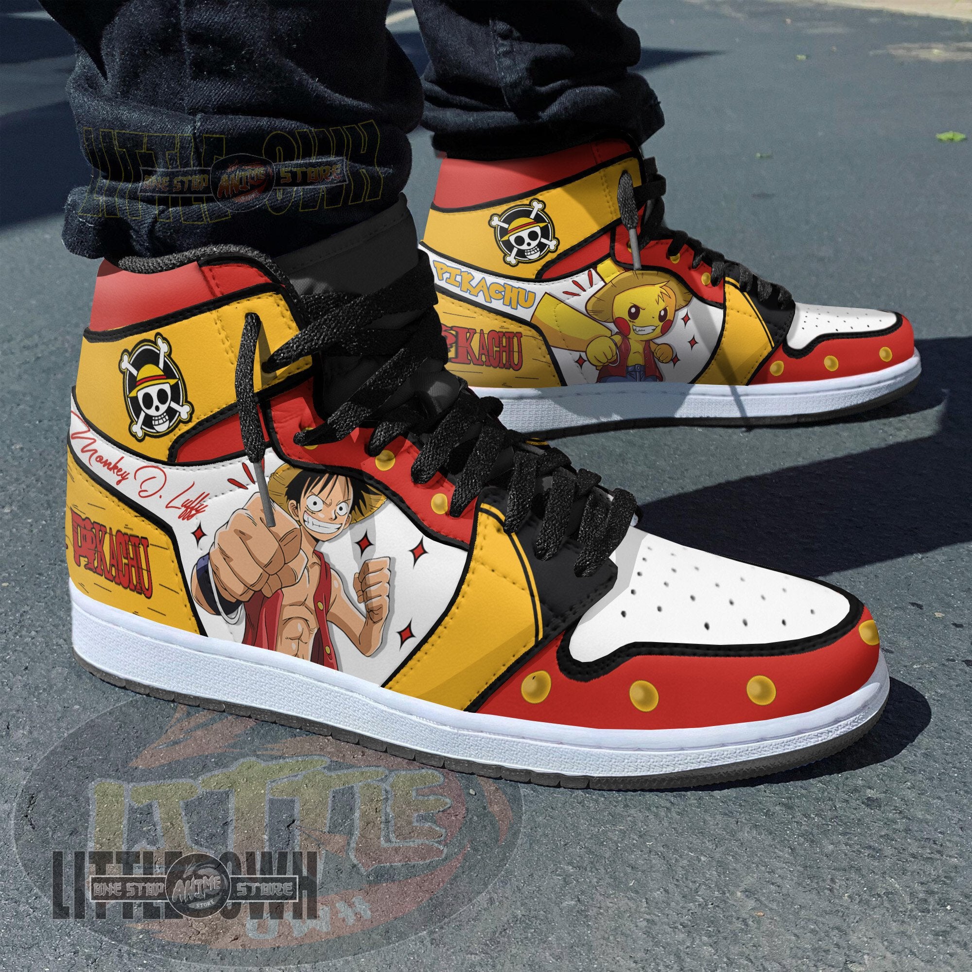 Ideafootwear Luffy x Pikachu AJ1 High Sneakers Shoes For Men And Women