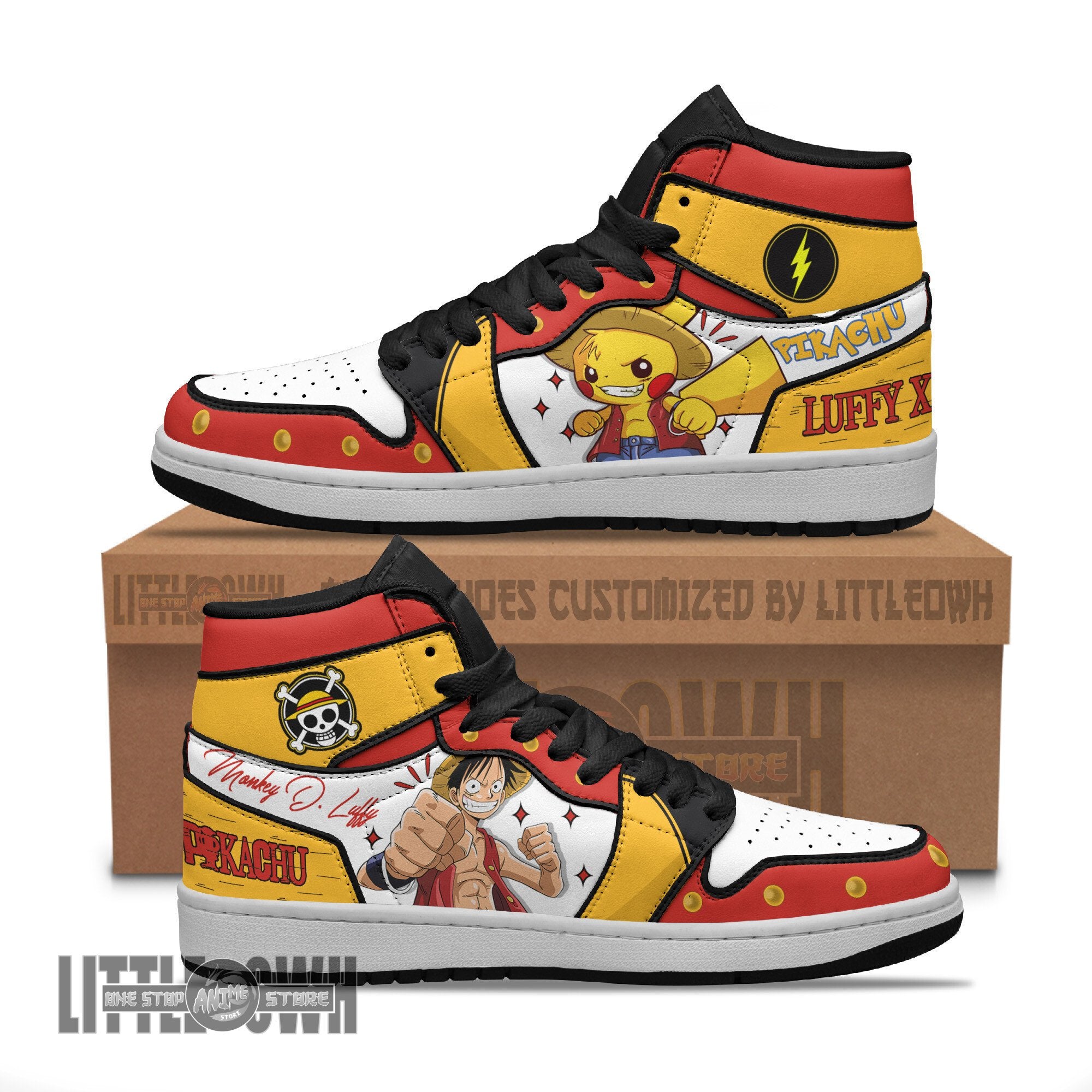 Ideafootwear Luffy x Pikachu AJ1 High Sneakers Shoes For Men And Women