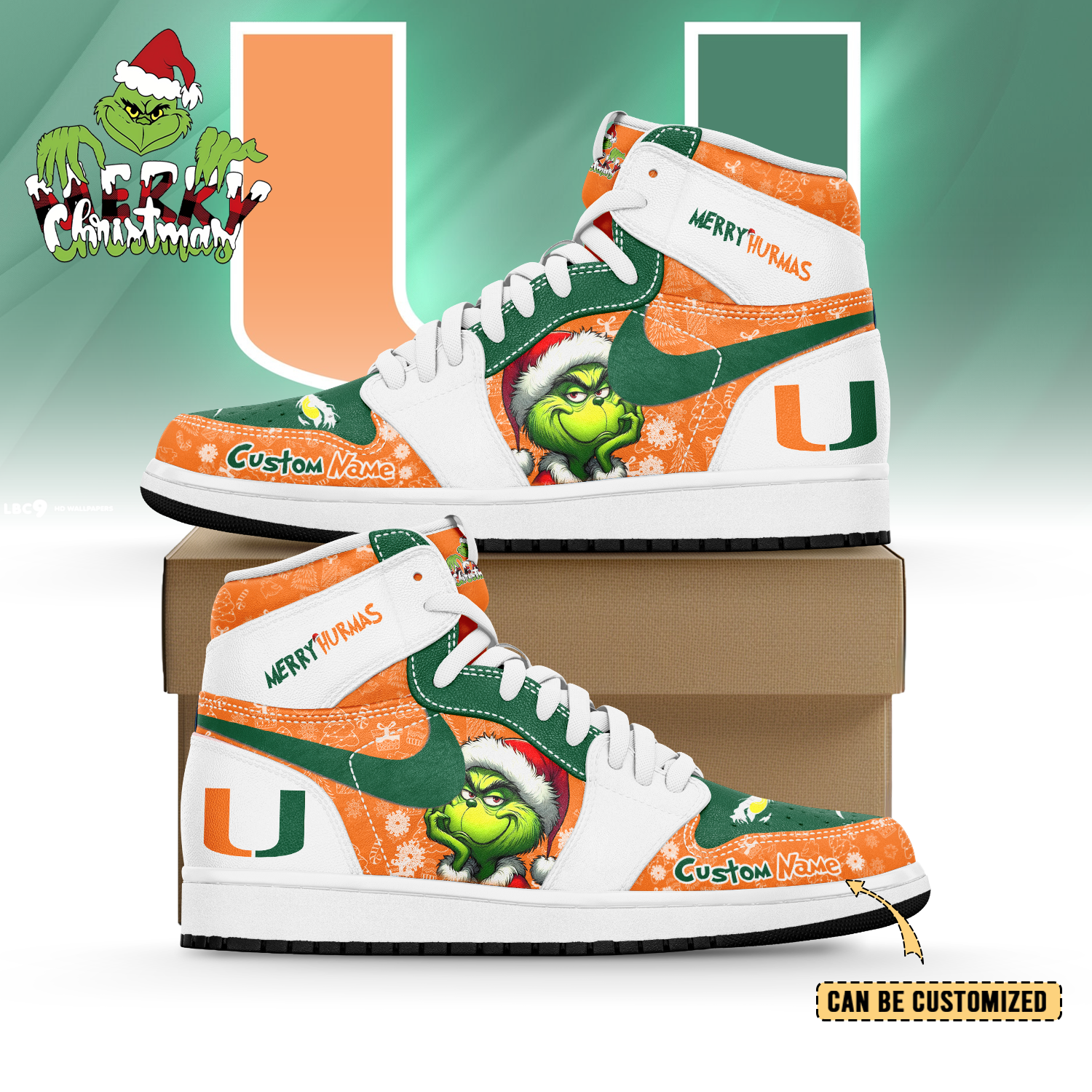 Ideafootwear Miami Hurricane x The Grinch x Christmas  AJ1 High Sneakers Shoes For Men And Women