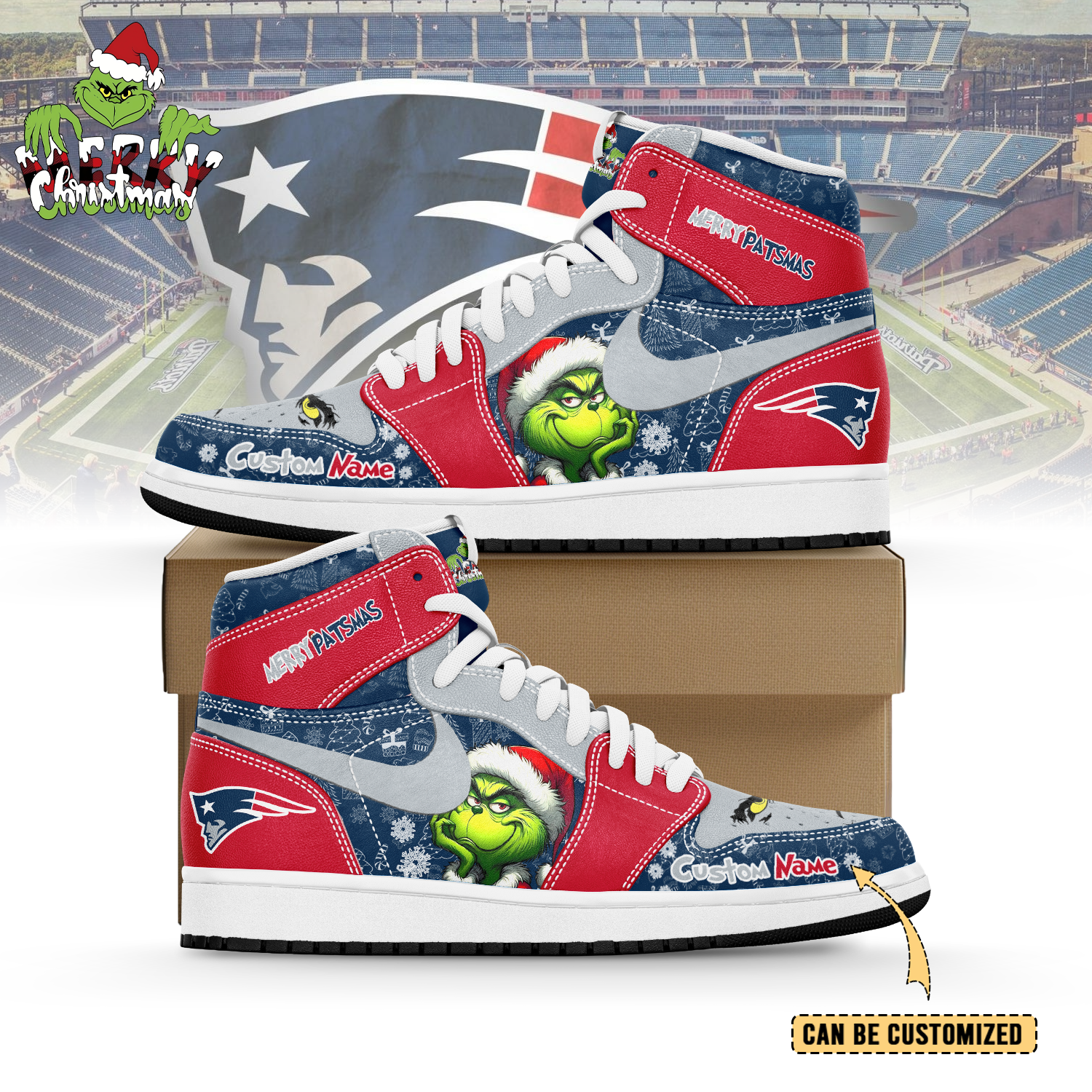 Ideafootwear New England Patriots x The Grinch x Christmas AJ1 High Sneakers Shoes For Men And Women