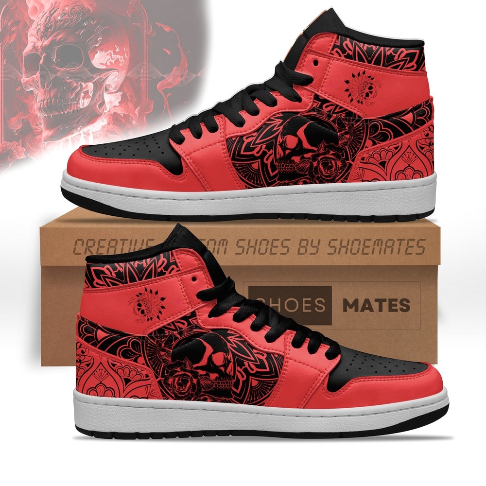 Ideafootwear Red Skull Mandala AJ1 High Sneakers Shoes For Men And Women