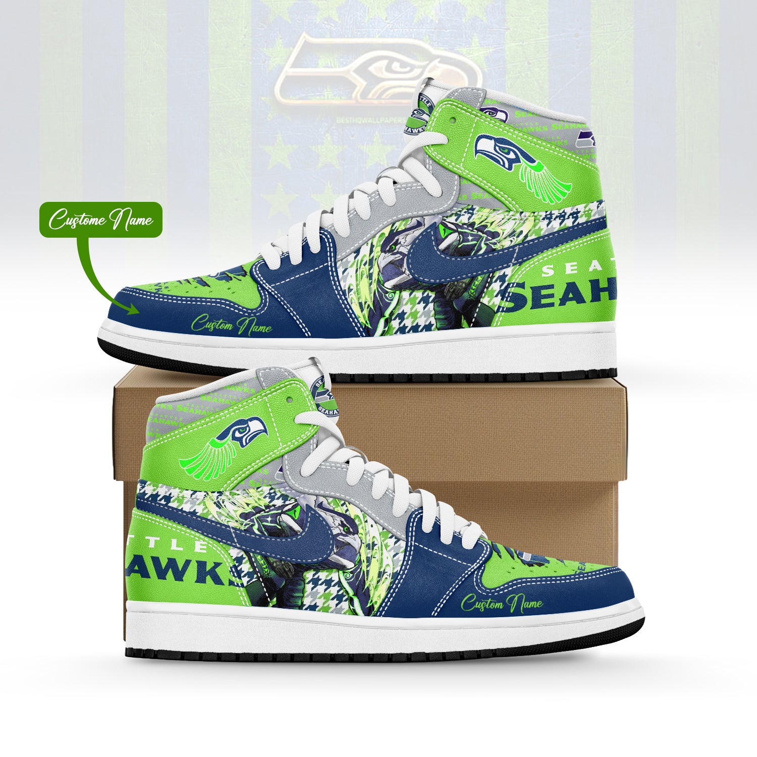 Ideafootwear Seattle Seahawks AJ1 High Sneakers Shoes For Men And Women