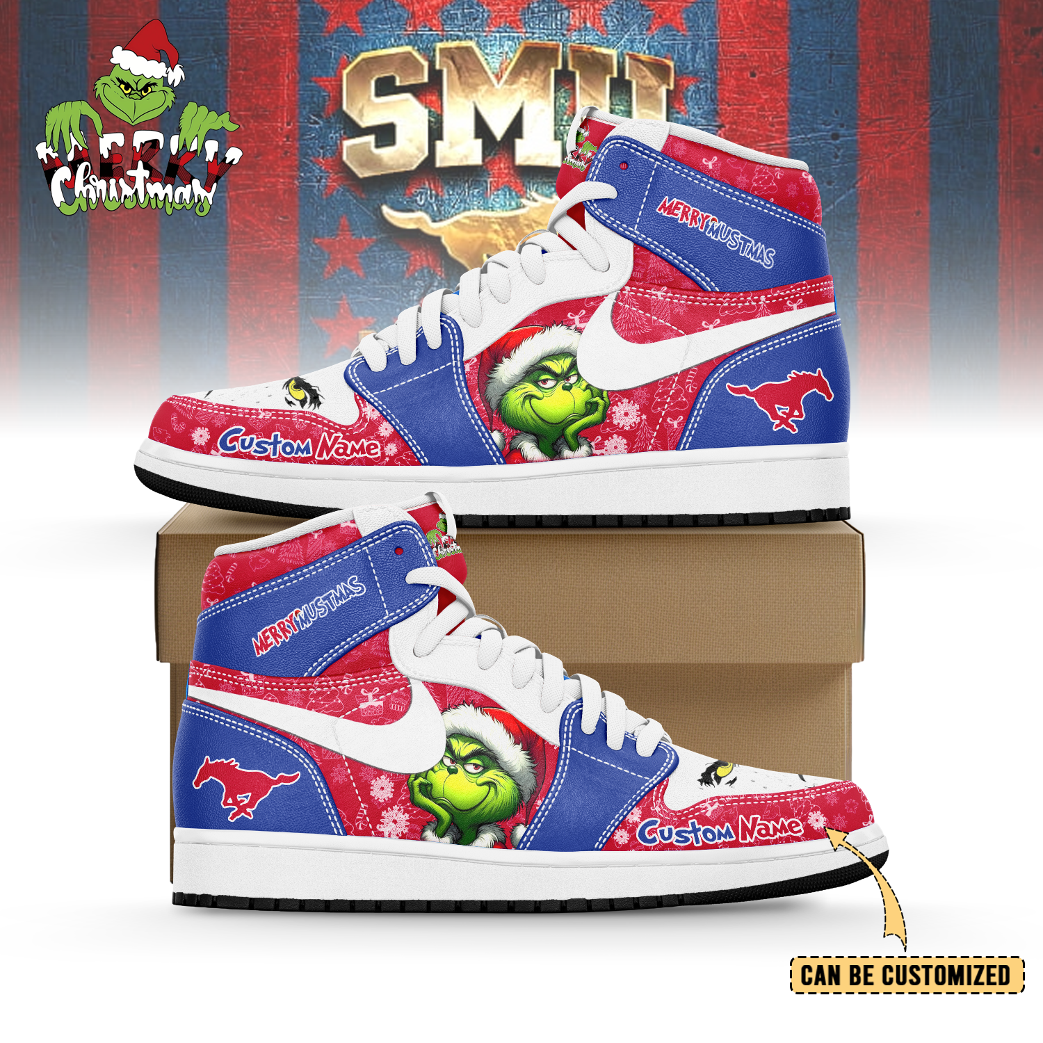 Ideafootwear SMU Mustangs x The Grinch x Christmas AJ1 High Sneakers Shoes For Men And Women