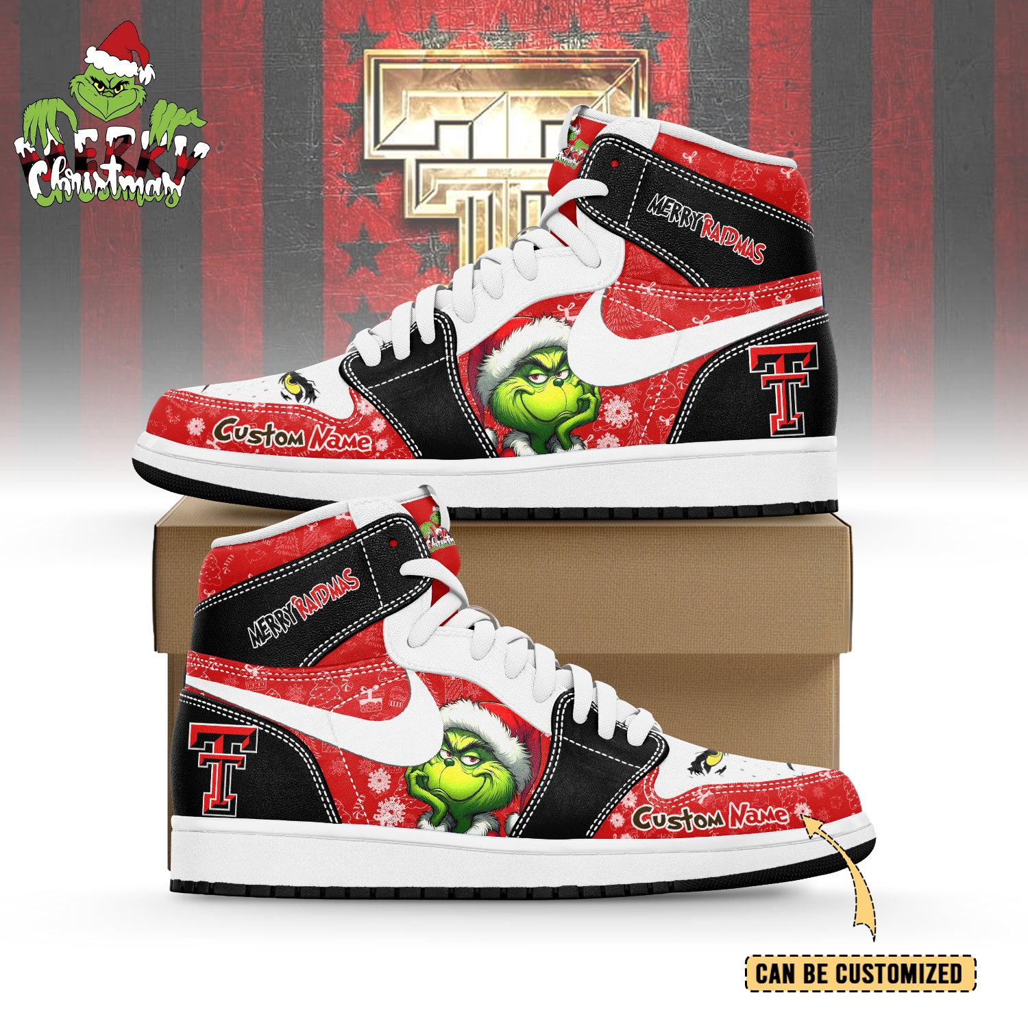 Ideafootwear Texas Tech Red Raiders x The Grinch x Christmas AJ1 High Sneakers Shoes For Men And Women