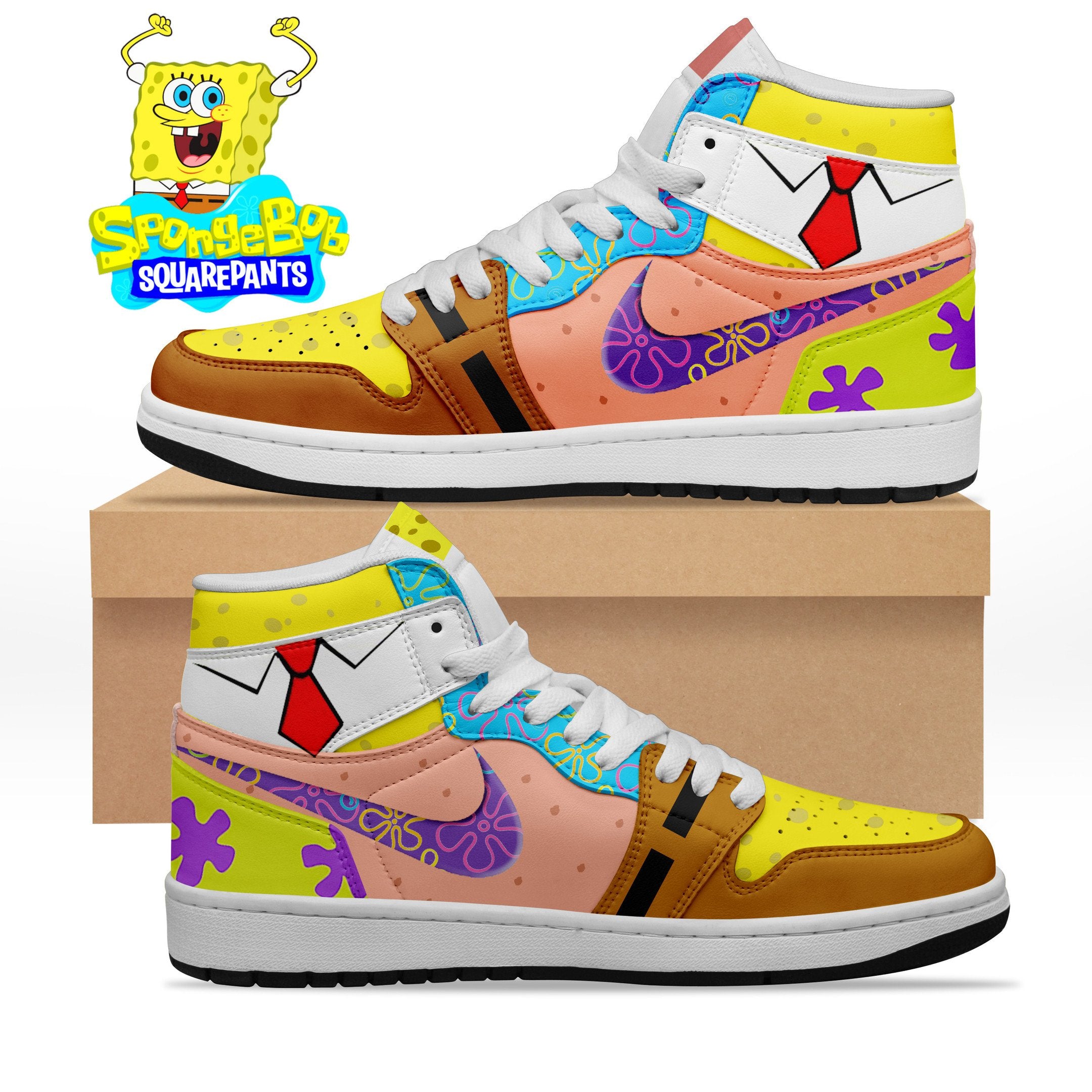 Ideafootwear SpongeBob SquarePants AJ1 High Sneakers Shoes For Men And Women