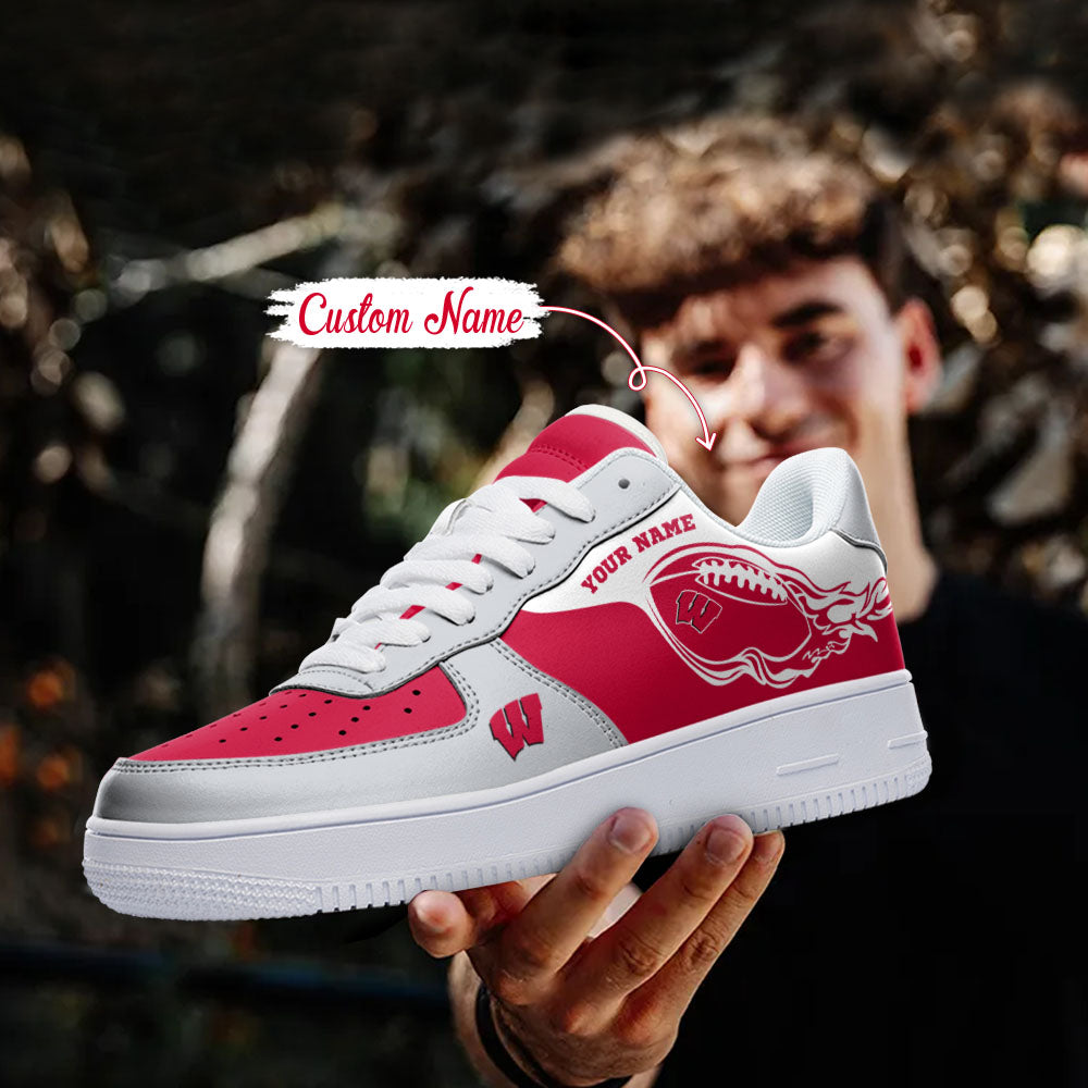 Ideafootwear Wisconsin Badgers NCAA Air Low-Top Sneakers Shoes For Men And Women